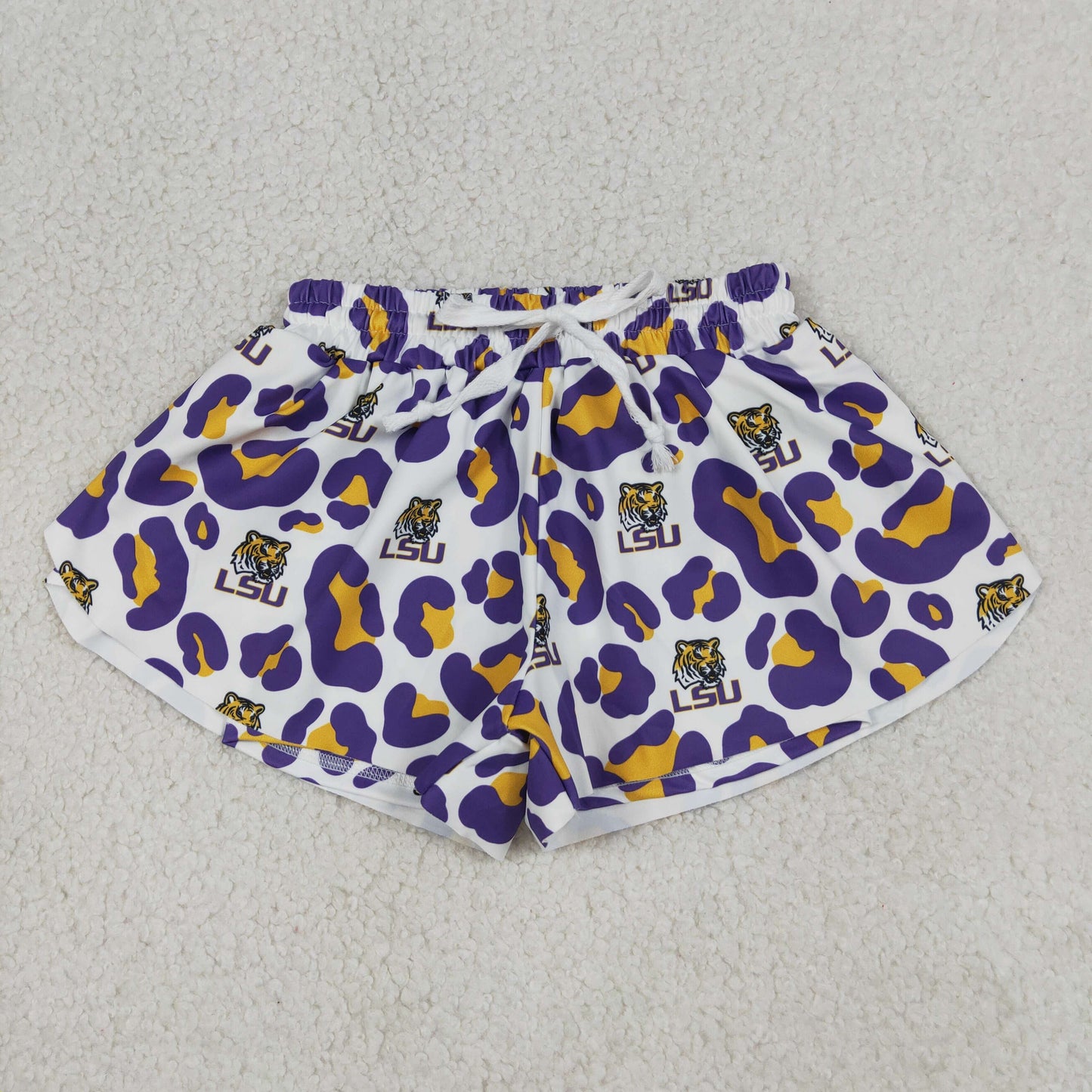 SS0821 GO TEAM Tiger LSU Purple Orange Leopard White Girls Yoga Shorts 202604 RTS