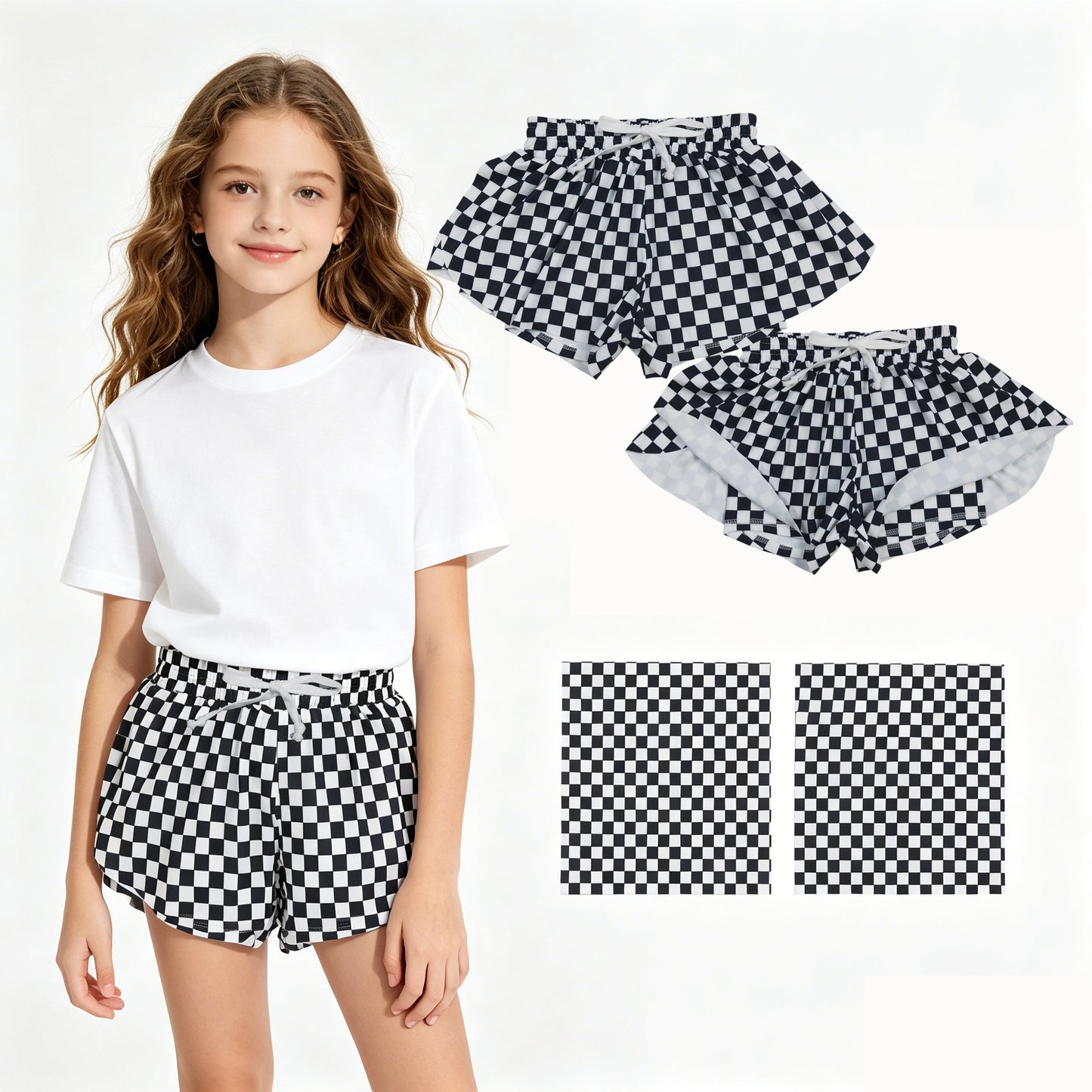 SS0865 Black White Plaid Girls Yoga Shorts 202604 RTS