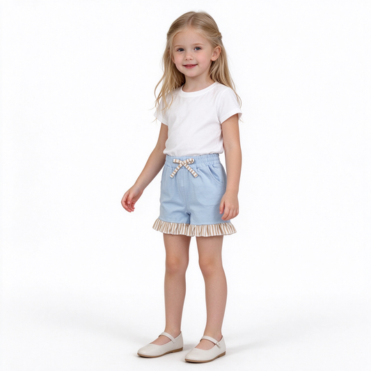 SS0995 Solid Color Stripe Ruffles Blue Girl's Shorts