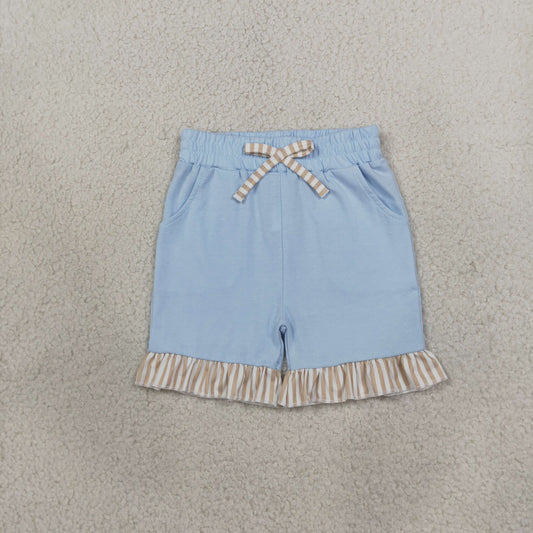SS0995 Solid Color Stripe Ruffles Blue Girl's Shorts