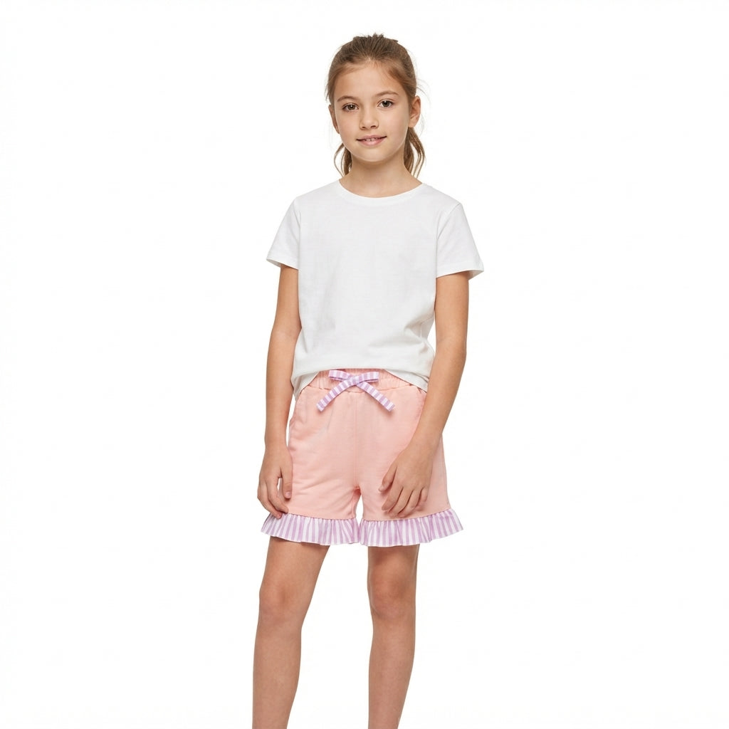 SS0996 Solid Color Stripe Ruffles Pink Girl's Shorts