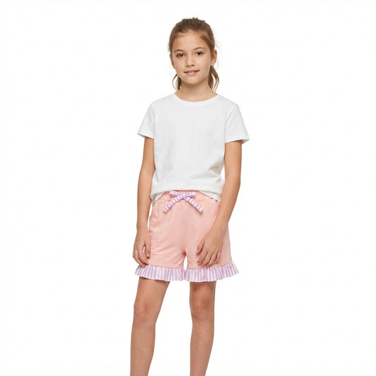 SS0996 Solid Color Stripe Ruffles Pink Girl's Shorts