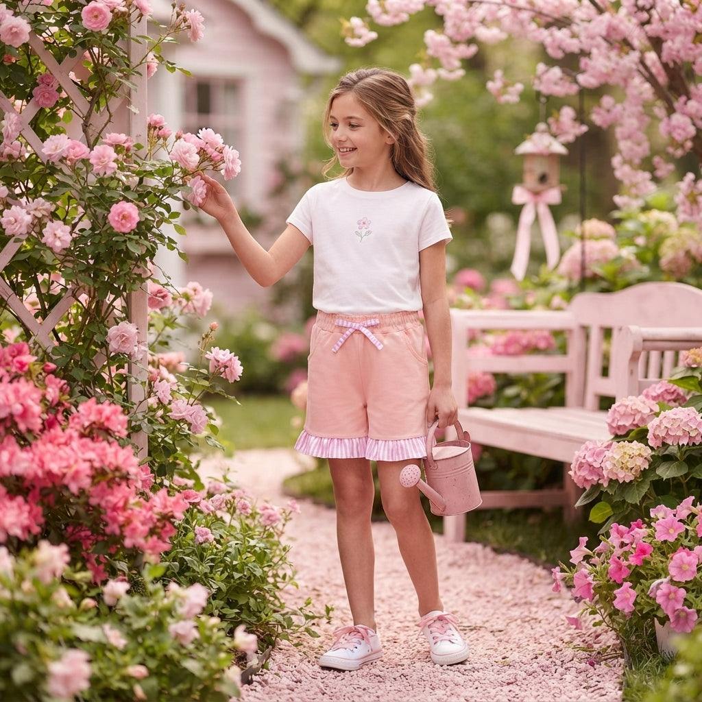 SS0996 Solid Color Stripe Ruffles Pink Girl's Shorts