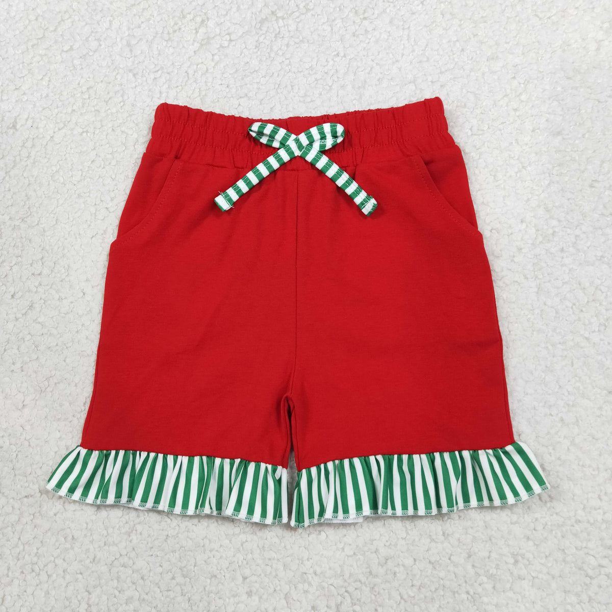 SS0997 Solid Color Stripe Ruffles Red Girl's Shorts