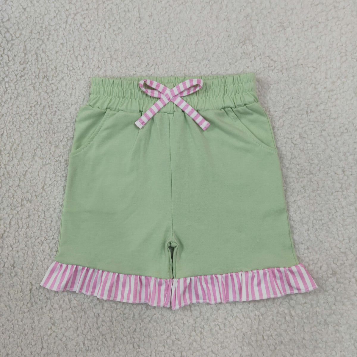 SS1000 Solid Color Stripe Ruffles Light Green Girl's Shorts