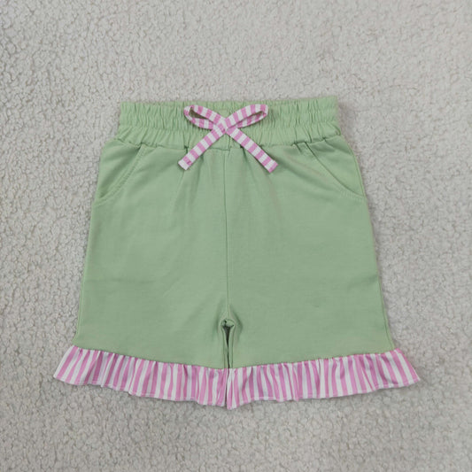 SS1000 Solid Color Stripe Ruffles Light Green Girl's Shorts
