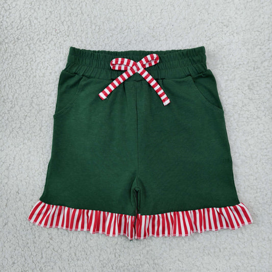 SS1002 Christmas Solid Color Stripe Ruffles Dark Green Girl's Shorts