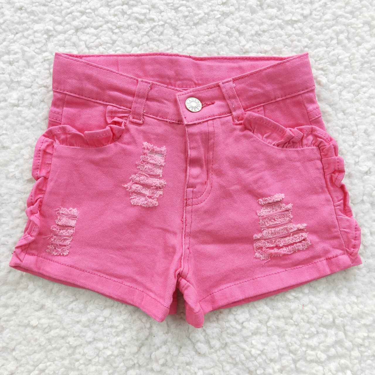 SS0013 Pink Distress Girls Shorts Denim Jeans