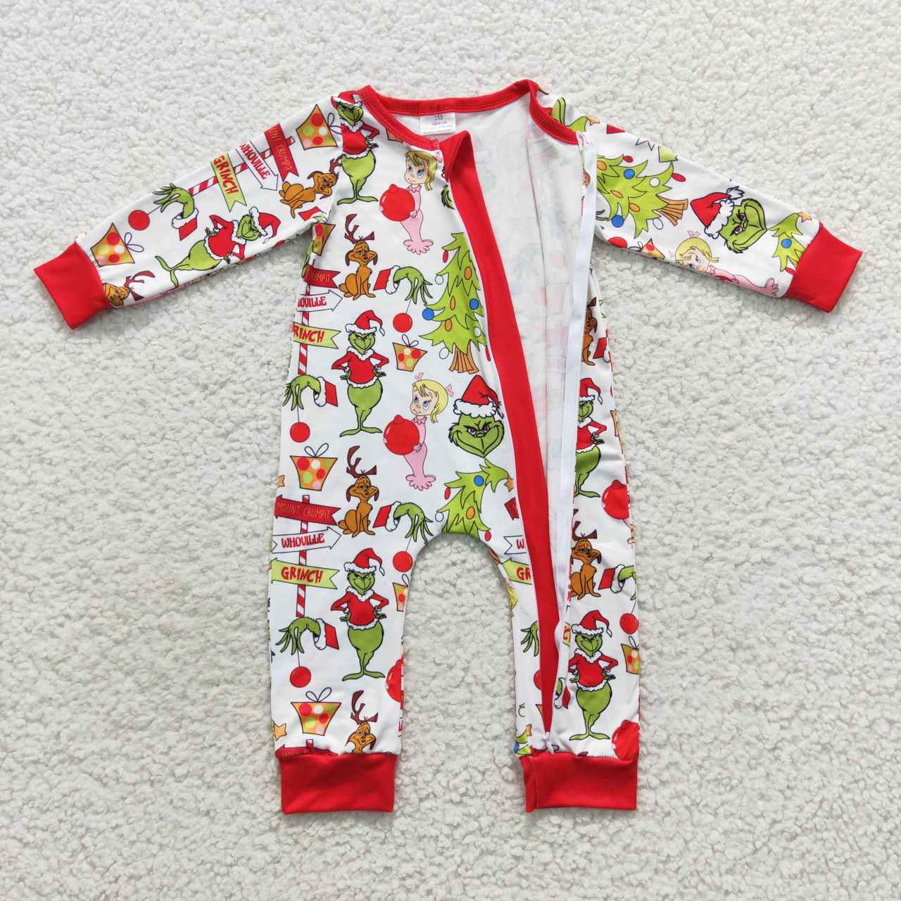 LR0530 Christmas Green Red Cartoon Zipper Girls Long Sleeve Romper