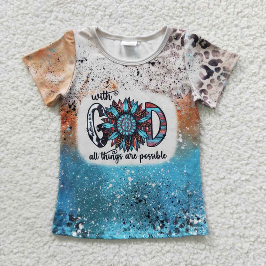 GT0195 Sunflower Blue With God Possible Leopard Girls Short Sleeve Top T-shirts