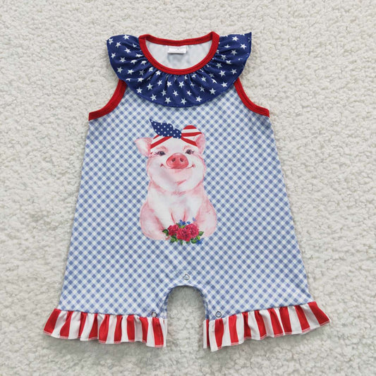 A6-2 4th Of July Blue Red Pig Girls Short Sleeve Romper