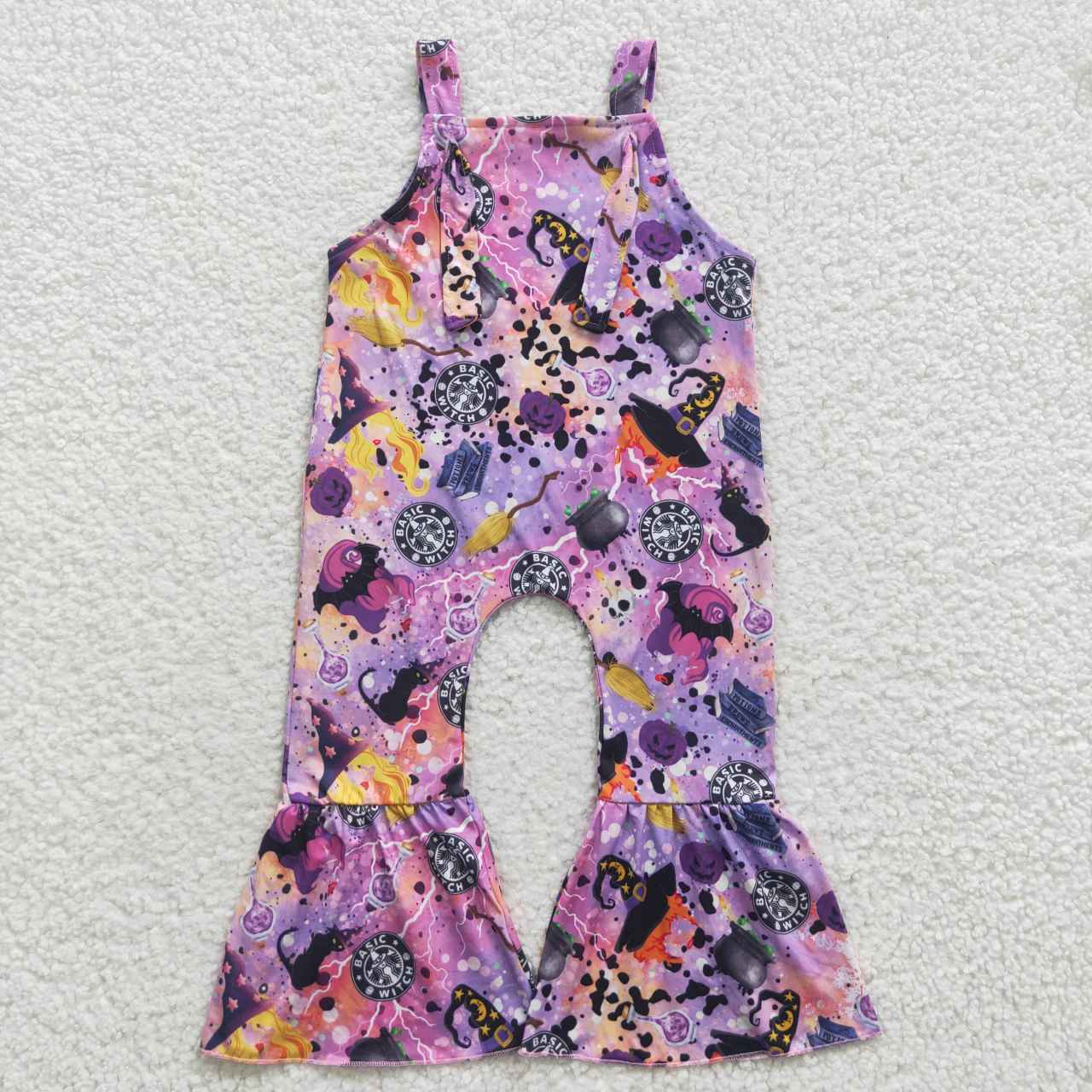 SR0390 Halloween Purple Witch Cartoon  Girls Sleeveless Jumpsuit Overall Pants