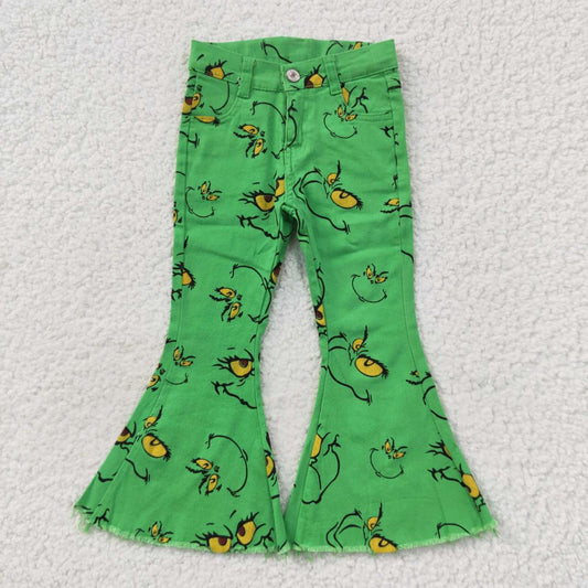 P0230 Christmas Green Cartoon Girls Bell Bottom Denim Jeans