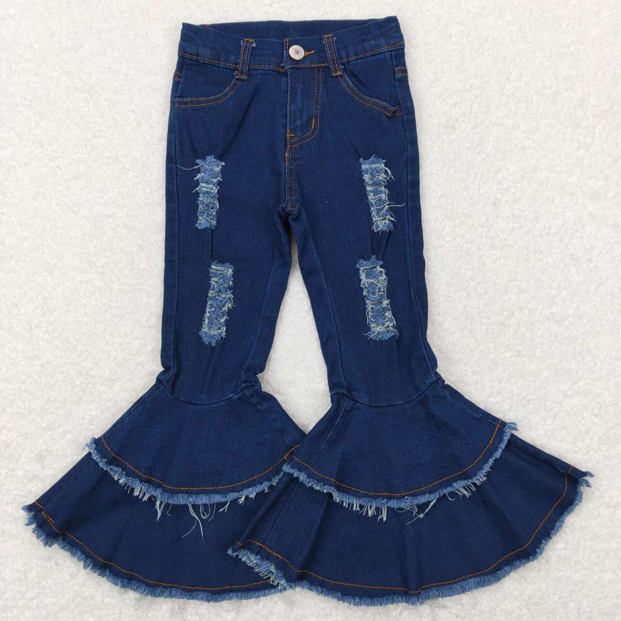 C12-9 Distress Dark Blue Print Double Ruffles Denim Jeans