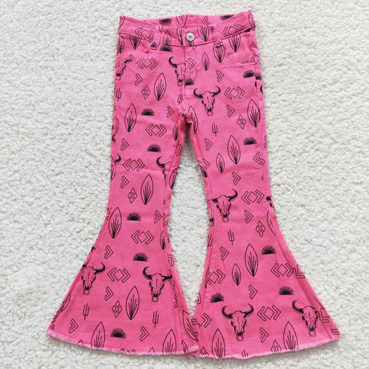 P0159 Pink Cactus Cow Girls Bell Pants Denim Jeans