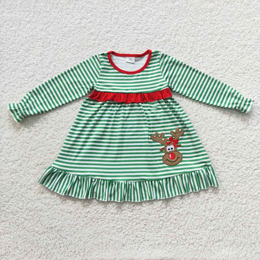 GLD0207  Christmas Red Green Deer Embroidery  Girls Long Sleeve Dresses