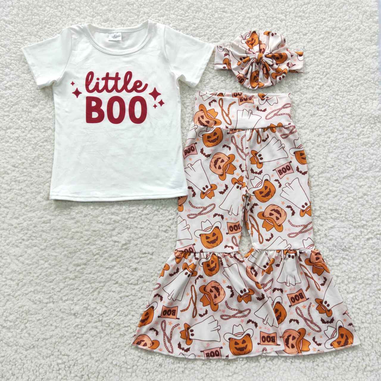 GSPO0723 Halloween Pumpkin Little Boo Headband Bow Girls Short Sleeve Pants Outfits