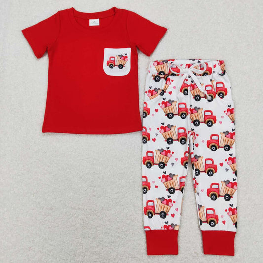 BSPO0267 Valentine Love Truck red Boys Short Sleeve Pants Outfits