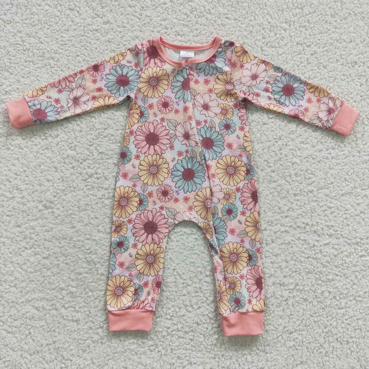 LR0301 Pink Floral Flower  Zipper Girls Long Sleeve Romper