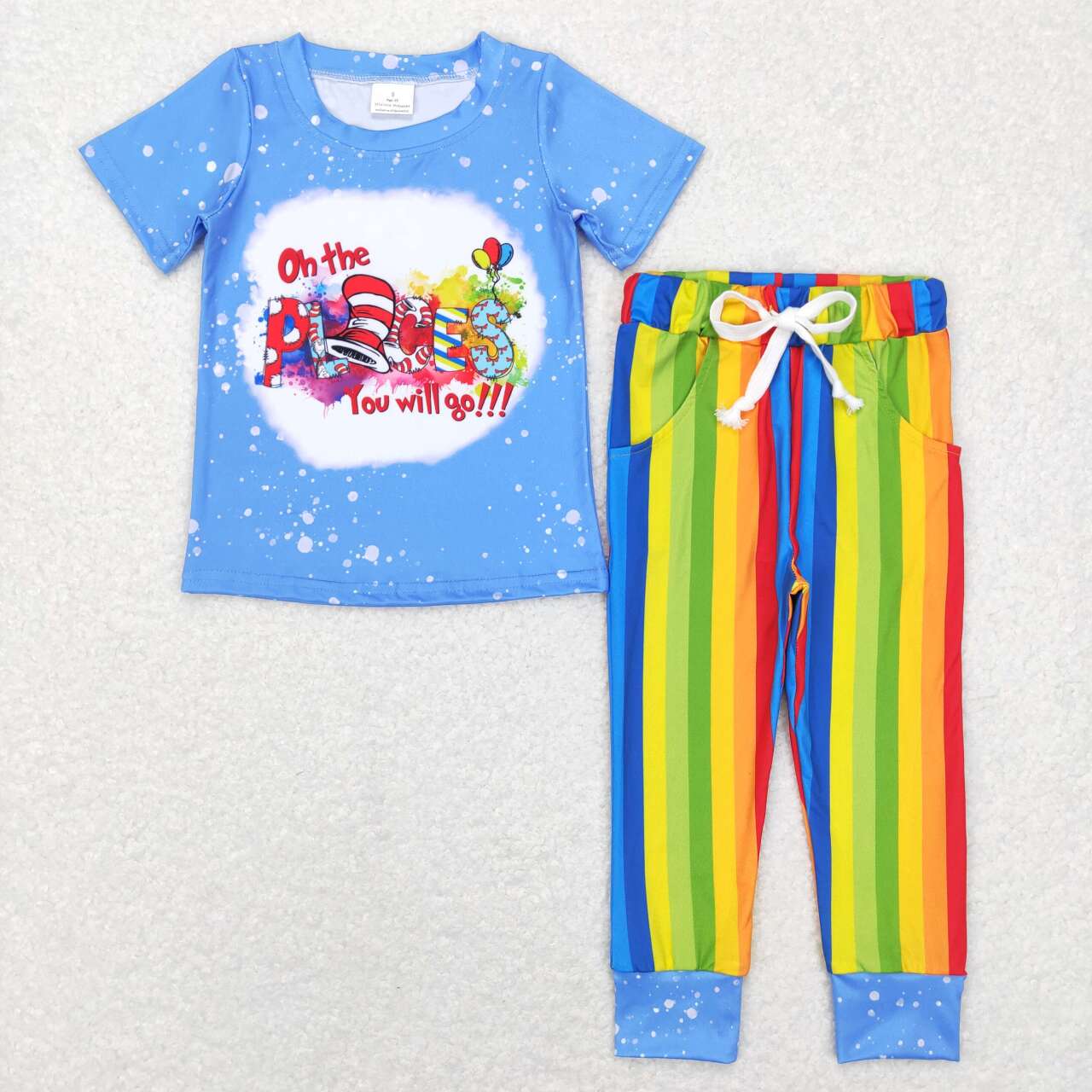 BSPO0176 blue cartoon hat cat you will go Boys Short Sleeve Bell Bottom Pants Outfits