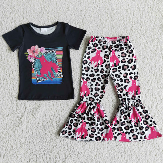 Clearance b1-27 Flower print black short sleeve leopard flare pants