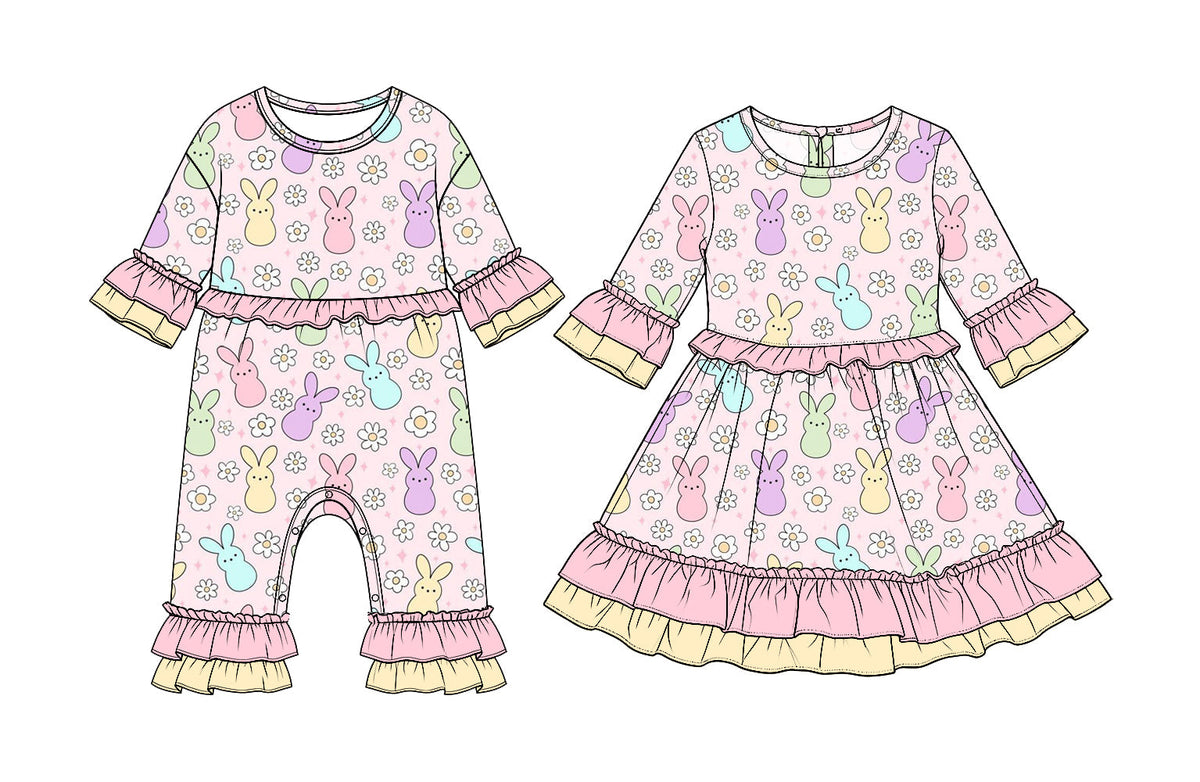 Preorder MOQ 5 pcs 202609 Each Style Easter Bunny Ruffles Three-Quarter Sleeves Kids Matching Clothes