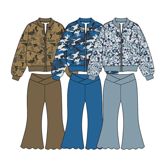 Preorder MOQ 5 pcs Each Color Hunting Camo Yoga Girls Coat Scallop Edge Pants Set-2026.8.26