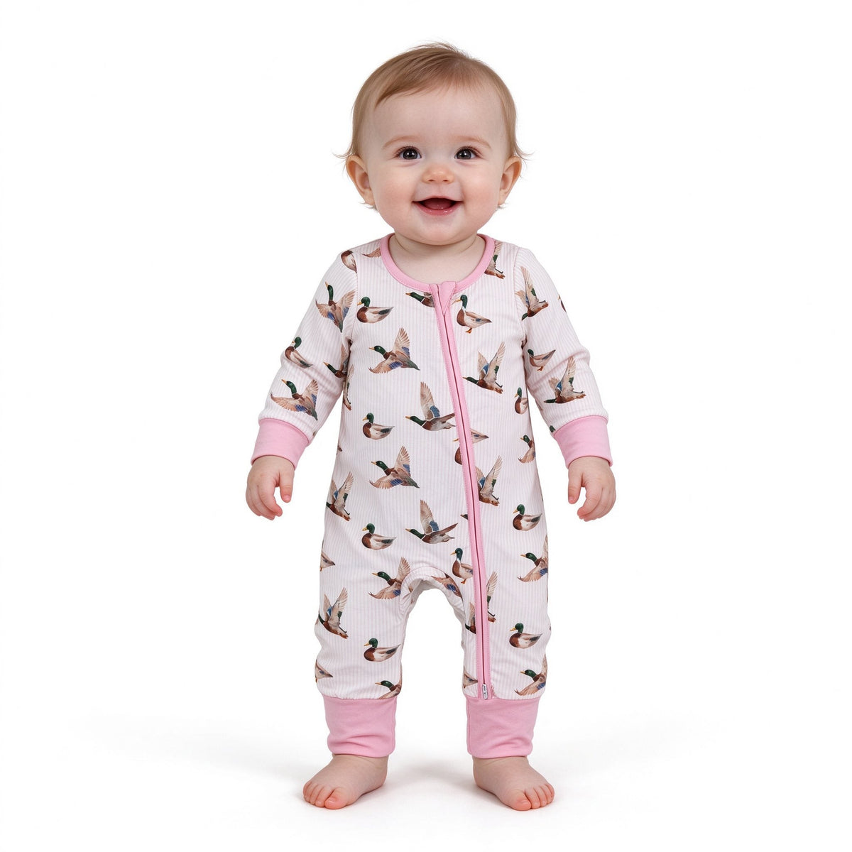 LR3218 Mallard Ducks Stripe Pink Baby Footie Sleepers Romper
