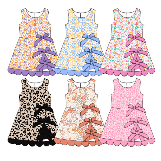 Preorder MOQ 5 pcs Each Style Colorful Leopard Bows Scallop Edge Yoga Girl's Dress Kids Matching Clothes