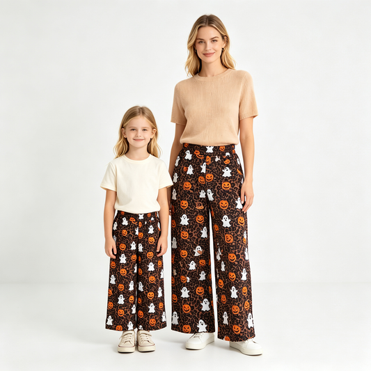Halloween Ghost Pumpkin Leopard Mommy And Me Wide Leg Pants