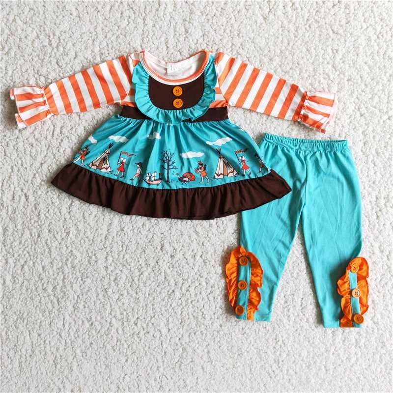 RTS 6 A23-27 Thanksgiving Turkey Orange Stripe Blue Ruffle Long Sleeve Pants Girls Sets