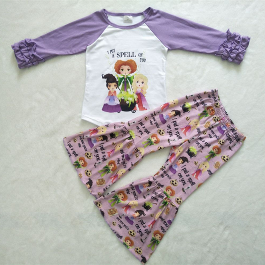 Clearance 6 A23-3 Halloween Purple Witch Cartoon Girls Long Sleeve Bell Bottom Pants Outfits