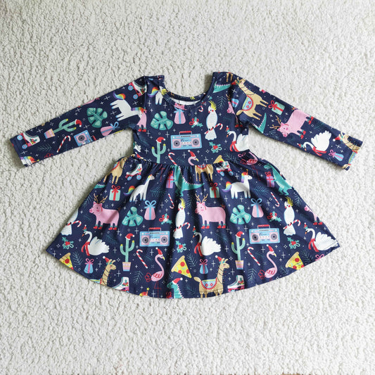 GLD0135 Christmas Santa Blue Pig Unicorn Animal Cartoon Girls Long Sleeve Dresses