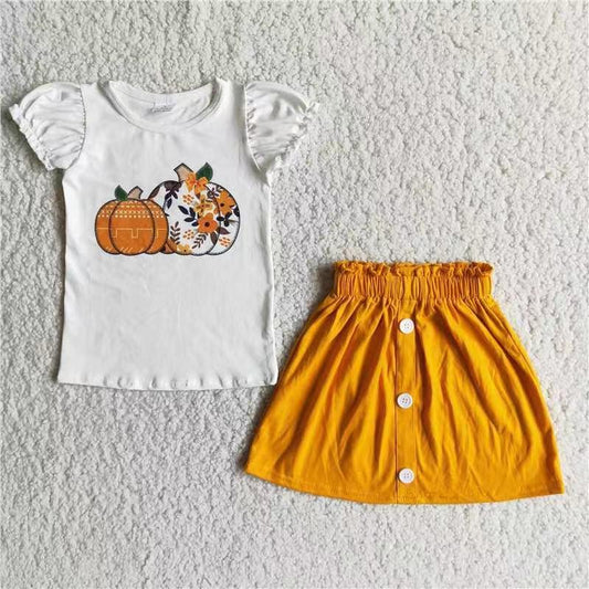 D2-15 Halloween Yellow Pumpkin Girls Short Sleeve With Skirt Dress Outfits