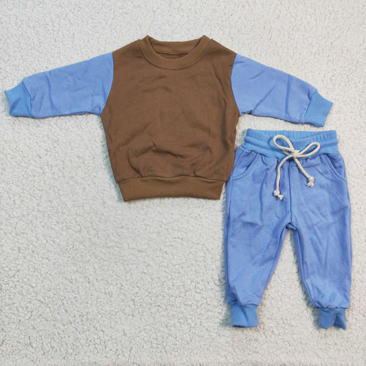 BLP0168 Blue Brown Boys Long Sleeve Pants Outfits Pajamas Cotton