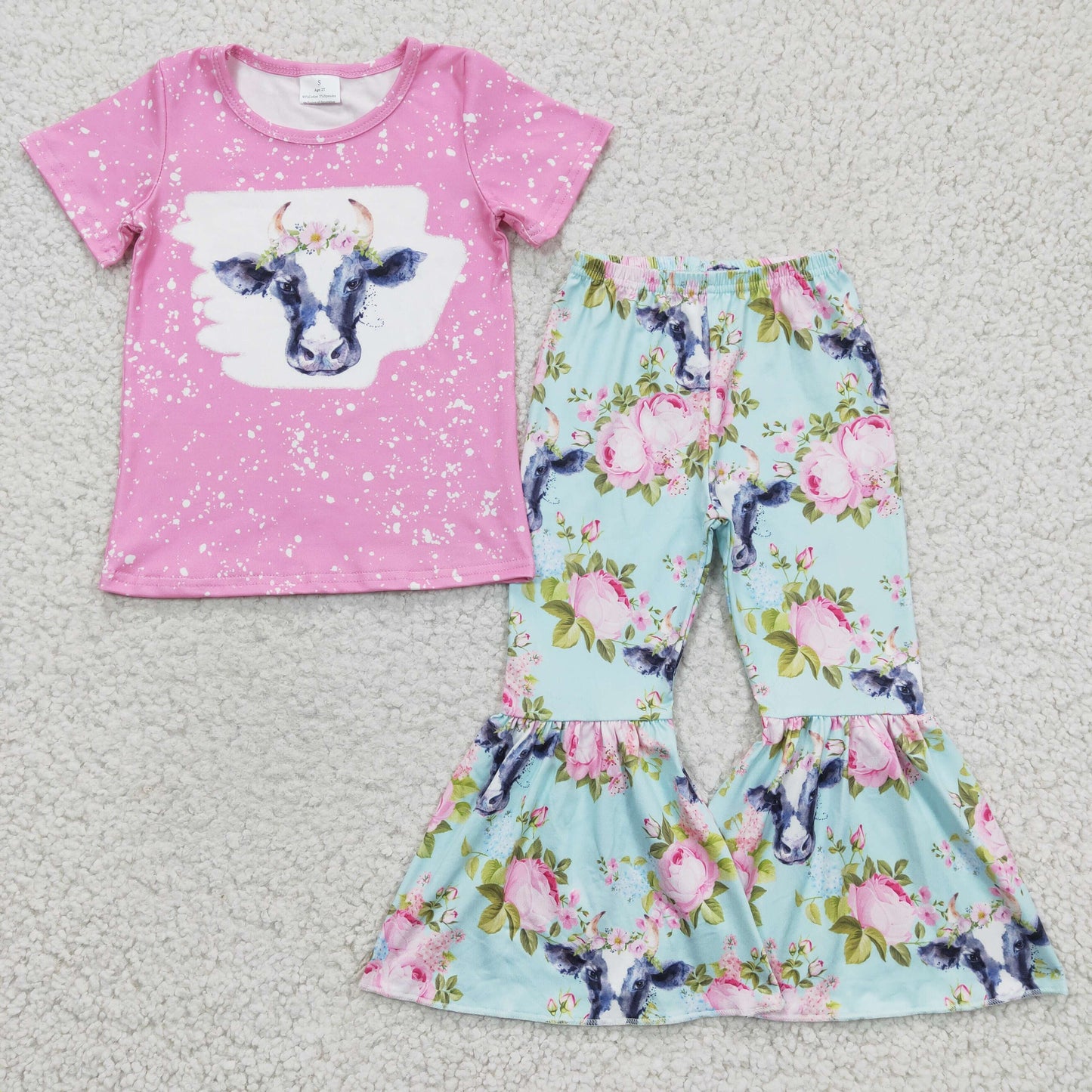 GSPO0395 Pink Cow Floral Girls Short Sleeve Bell Bottom Pants Outfits