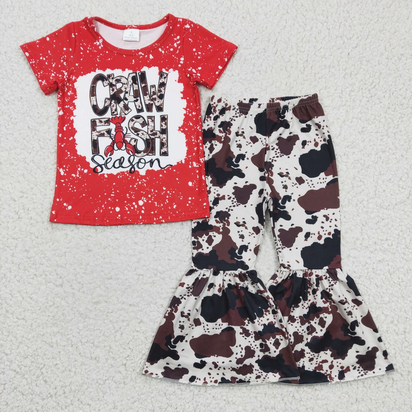 GSPO0385 Red Crawfish Season Cow Print Girls Short Sleeve Bell Bottom Pants Outfits