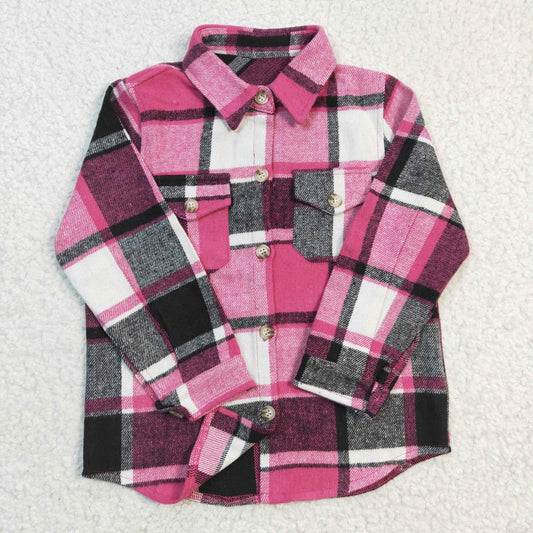 GT0104 Pink Plaid Girls Long Sleeve Top Winter Collar T-Shirts