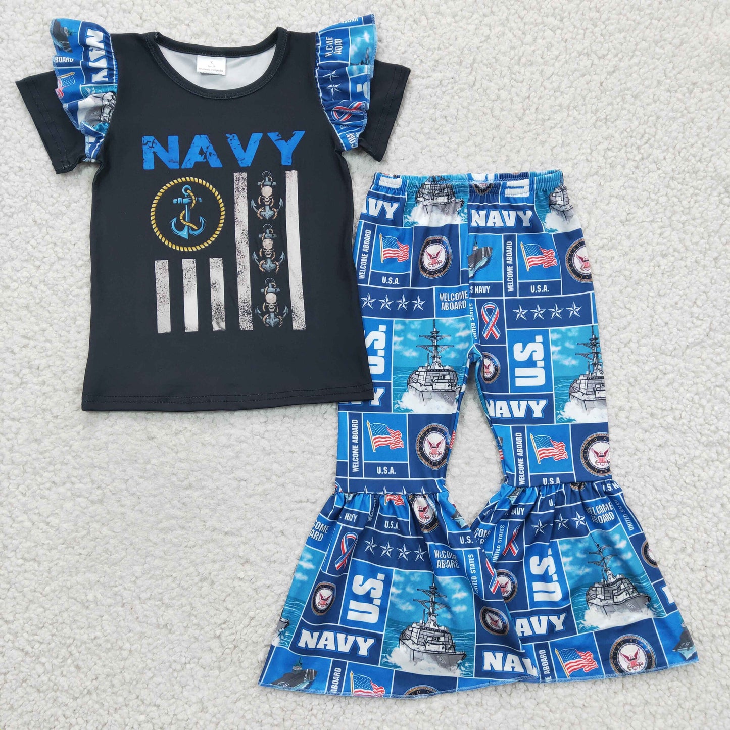 A1-17 Blue And Black Navy Girls Short Sleeve Bell Bottom Pants Outfits