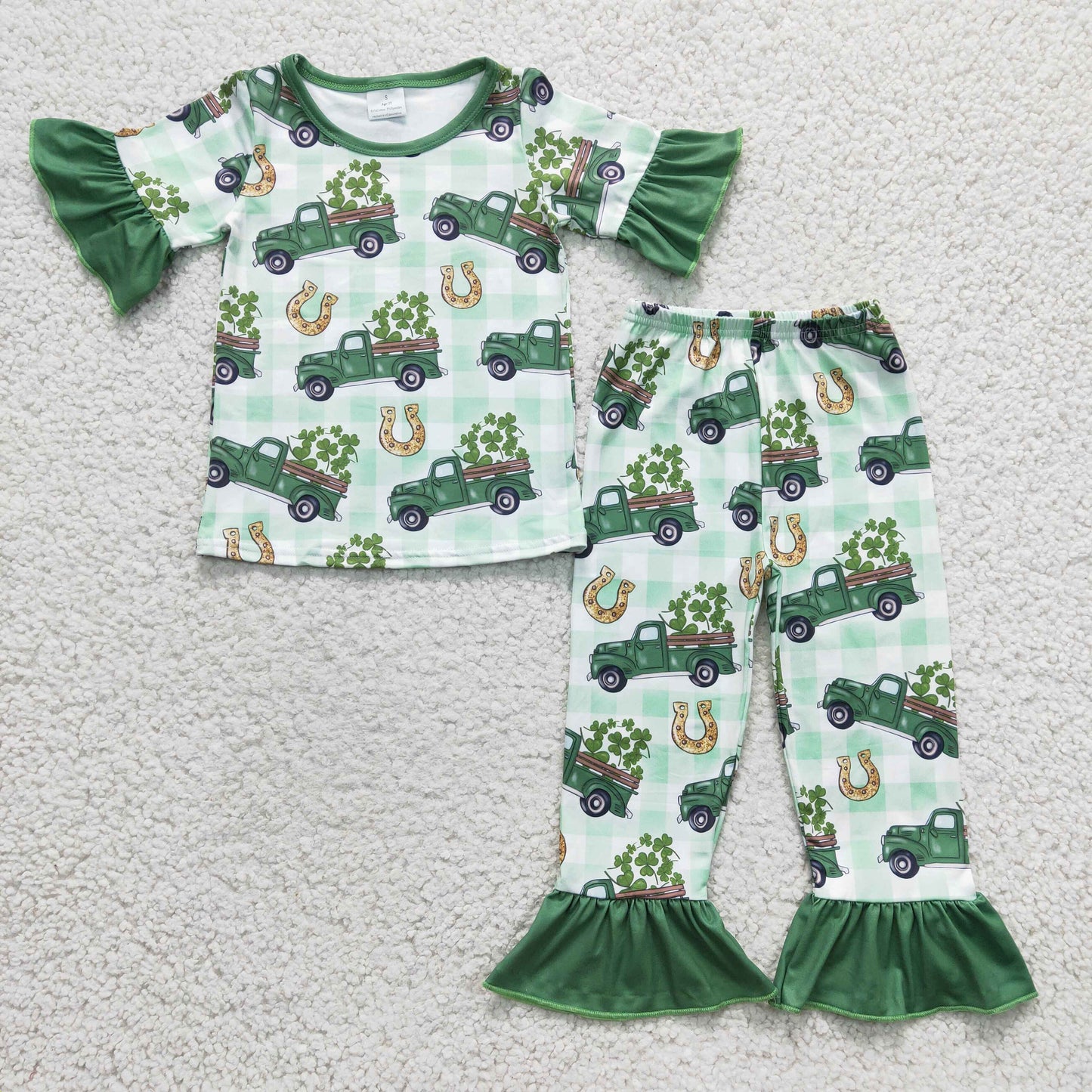 GSPO0287 St. Patrick Clover Green Car Truck Girls Short Sleeve Pants Outfits Pajamas