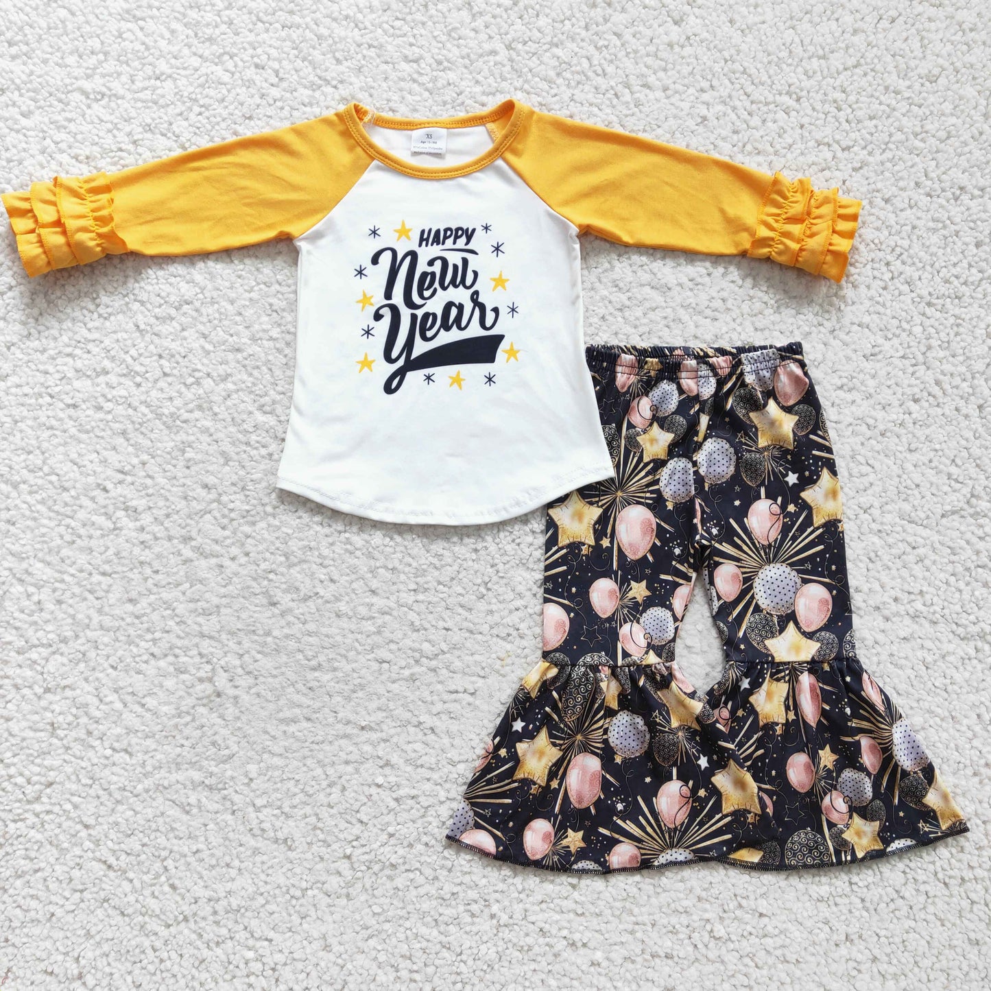 Clearance 6 B11-2 Happy New Year Yellow Balloon Girls Long Sleeve Bell Bottom Pants Outfits