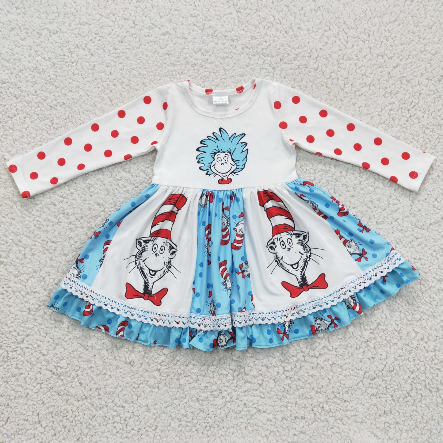 6 A9-18 Blue Red Cartoon Cat Hat PatchworkGirls Long Sleeve Dresses