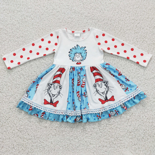 6 A9-18 Blue Red Cartoon Cat Hat PatchworkGirls Long Sleeve Dresses