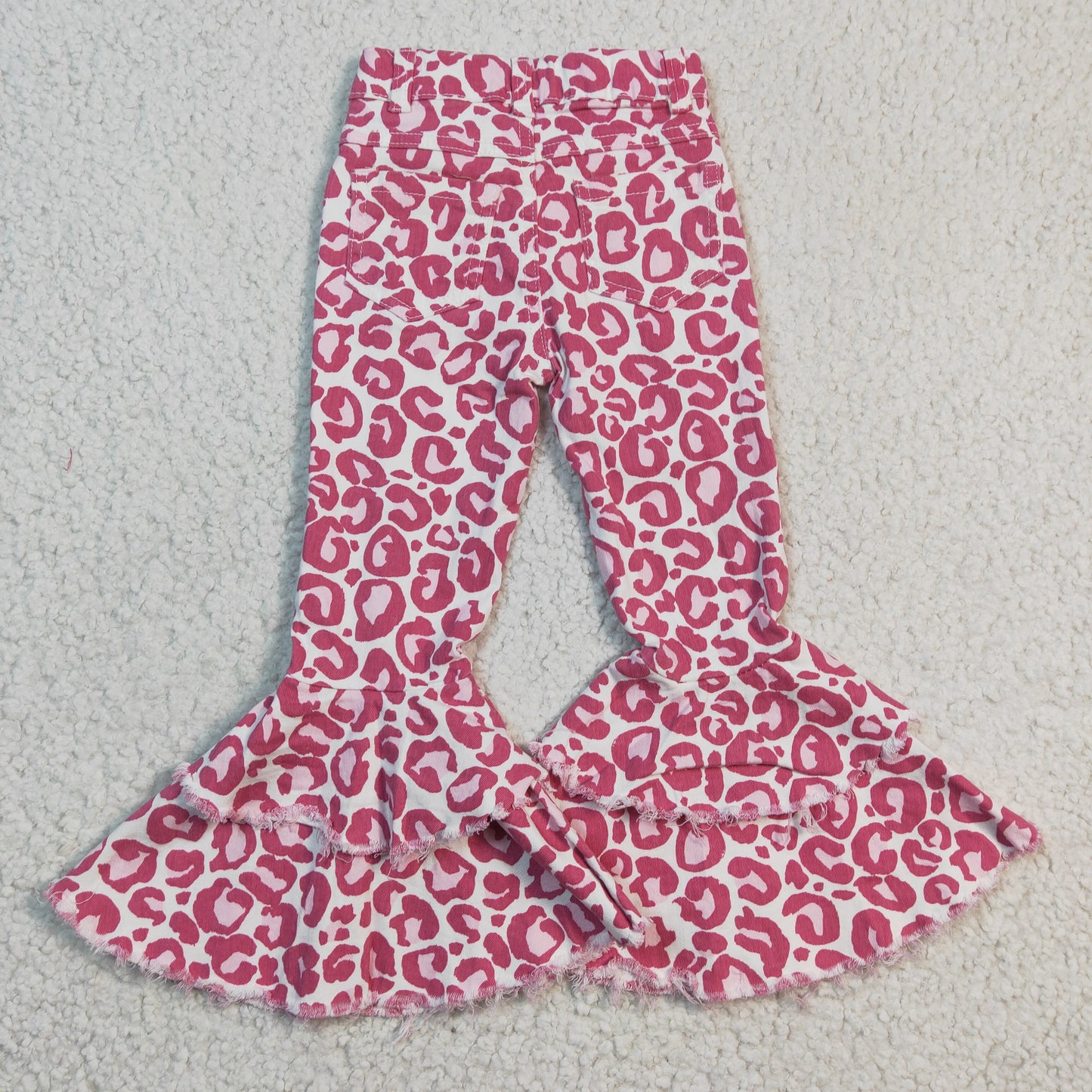 P0044 Pink Leopard Double Ruffles Denim Jeans