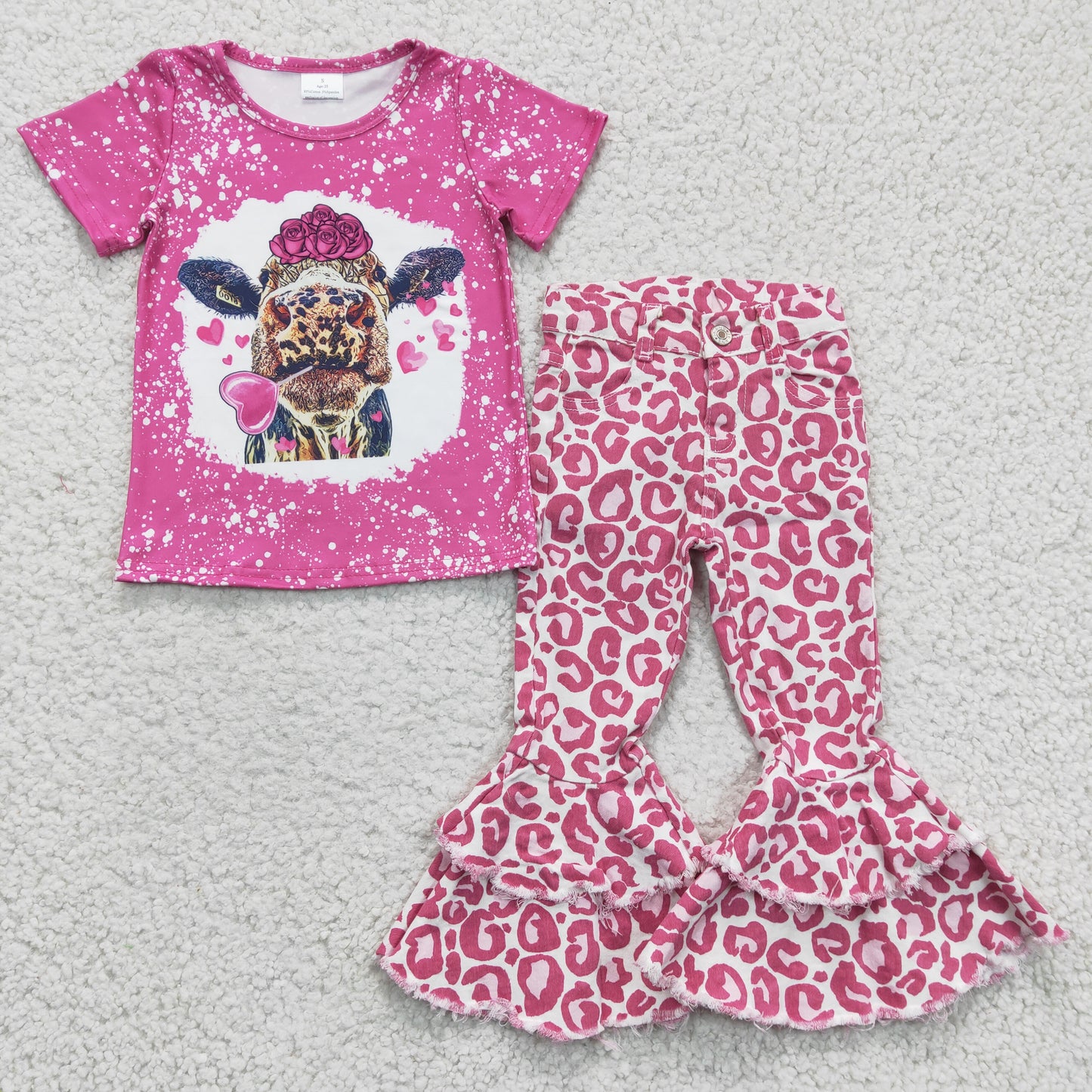 GLPO482 2Pcs Valentine Pink Love Highland Cow Leopard Top + Pink Denim Girls Long Sleeve Pants Outfits