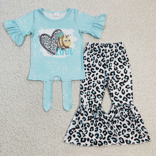 GSPO0360 Valentine Love Blue Leopard Bee Kind Girls Short Sleeve Bell Bottom Pants Outfits