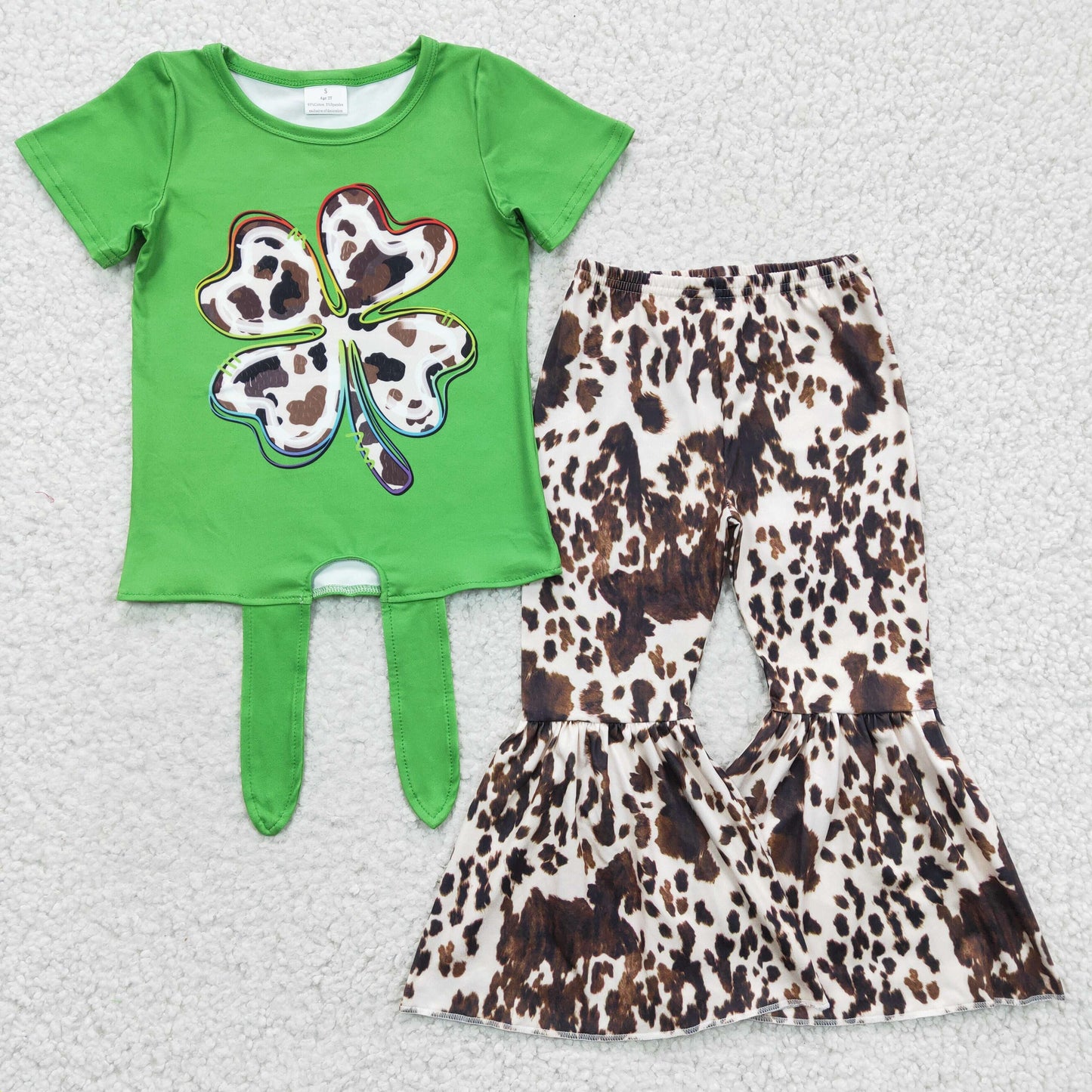 GSPO0297 St. Patrick Clover Green Girls Short Sleeve Bell Bottom Pants Outfits