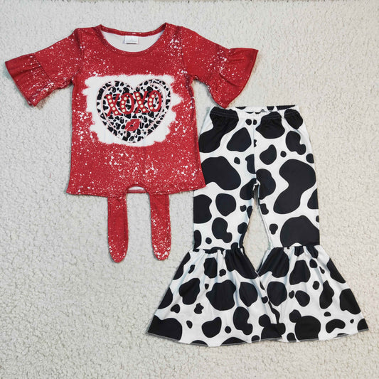 GLPO 2Pcs GSPO0365 Valentine Love Leopard Red Top + P0041 Cow Print Pants Girls Long Sleeve Pants Outfits