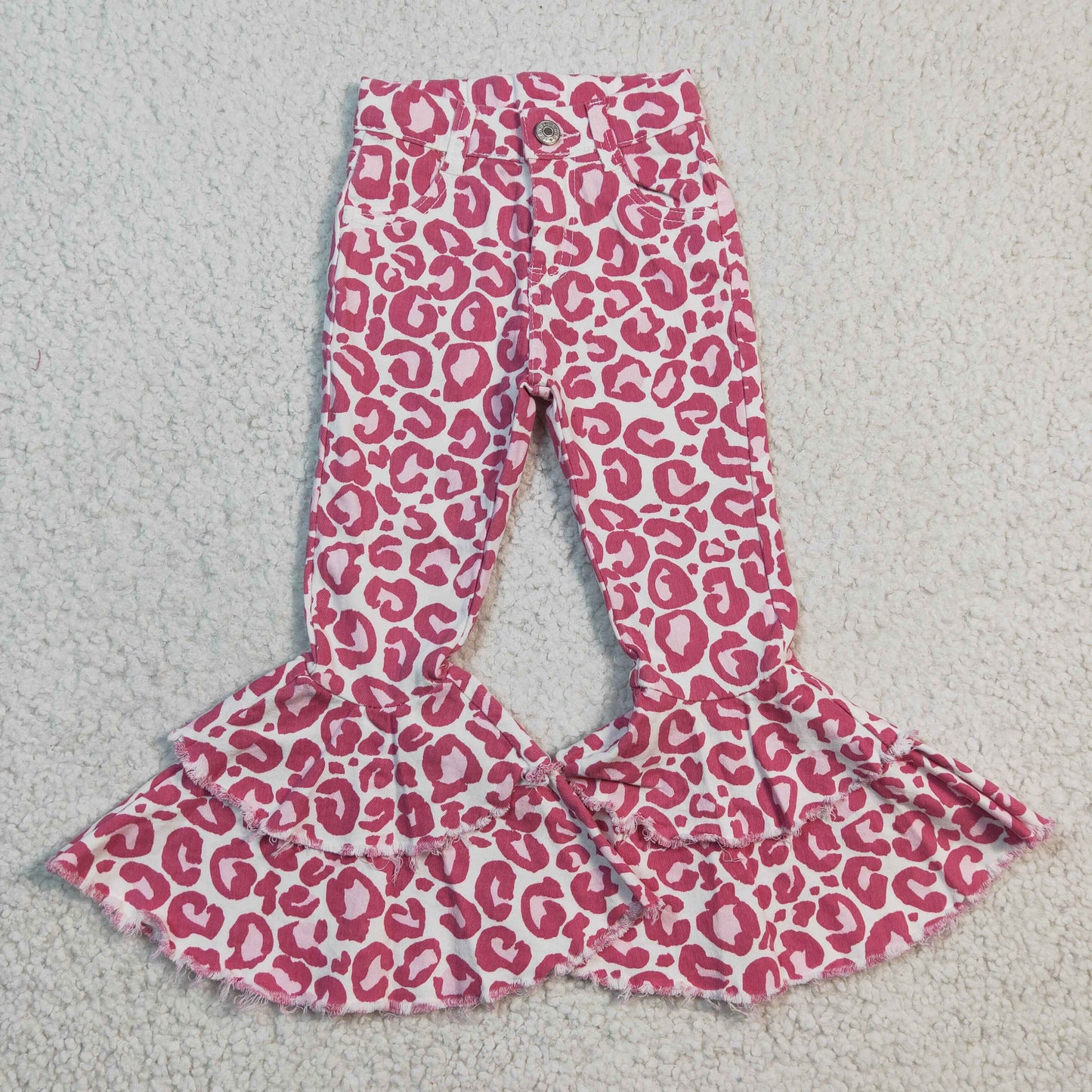 P0044 Pink Leopard Double Ruffles Denim Jeans