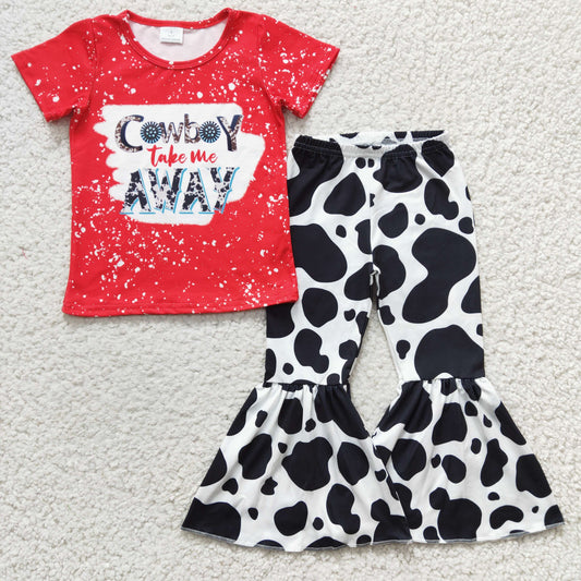 GLPO483 2Pcs GT0105 Cowboy Take The Away Red Top + P0041 Cow Print Pants Girls Long Sleeve Pants Outfits